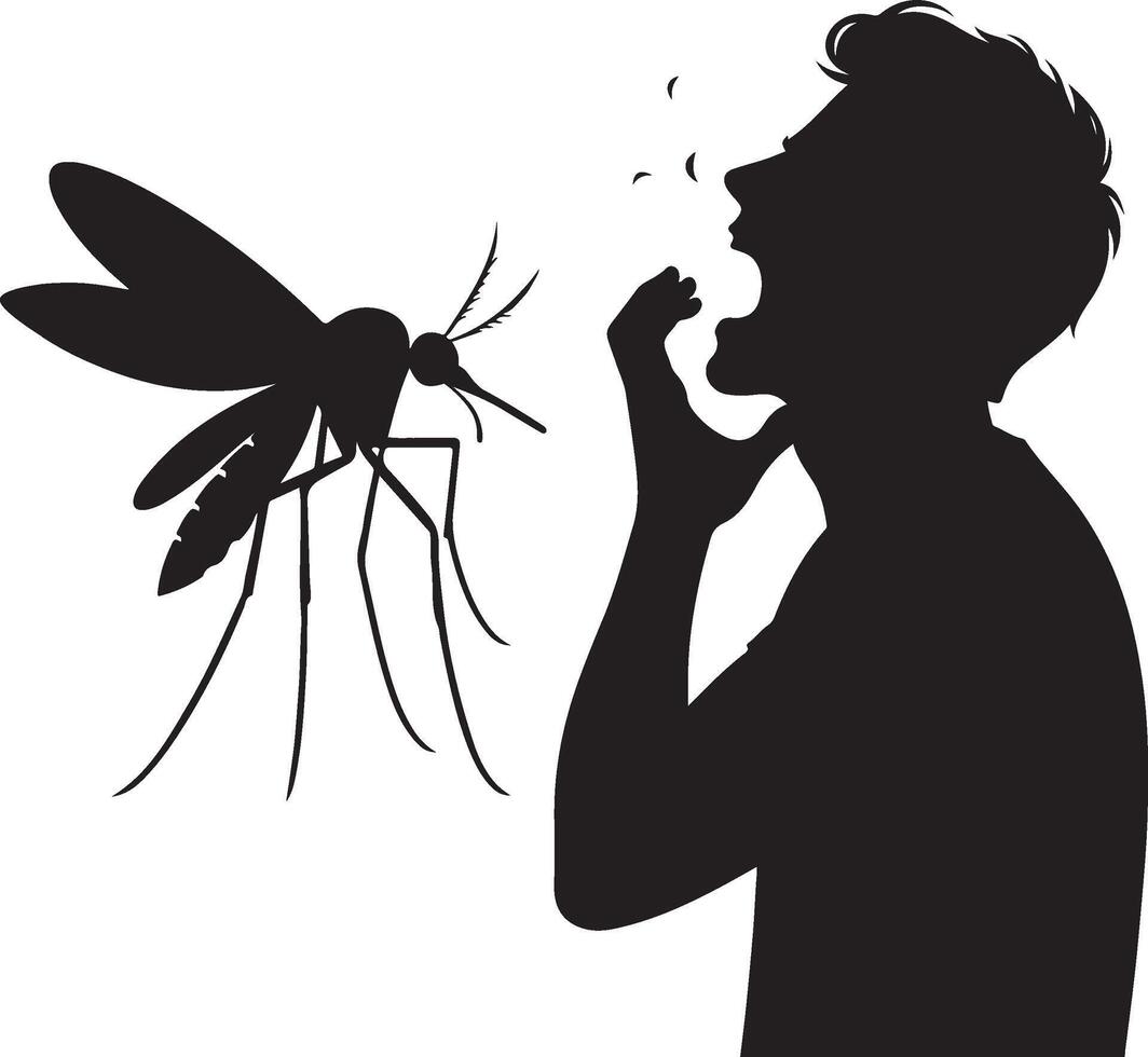Silhouette of man who crying to mosquito on white background. Symbol of annoying insect vector