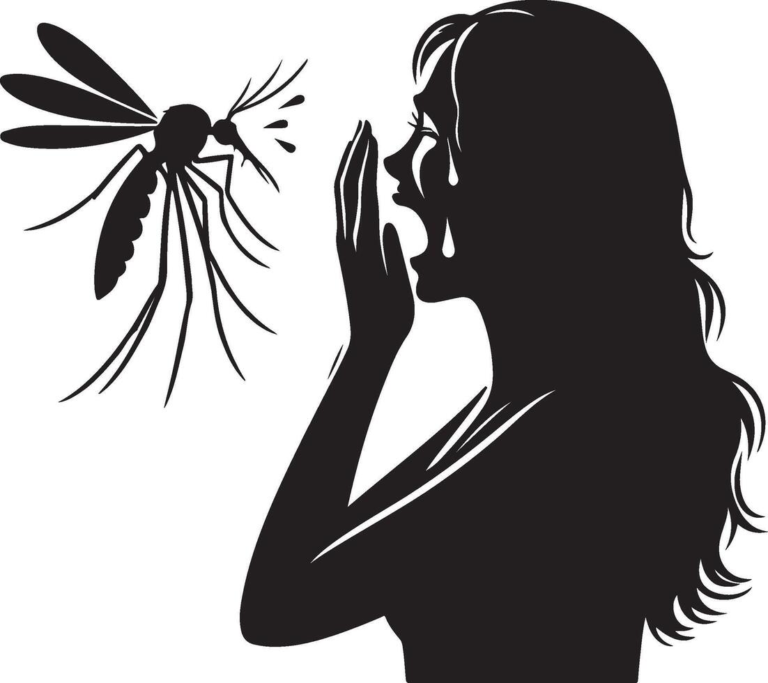 Silhouette of woman who cry at mosquito on white background. Symbol of fear of insect vector