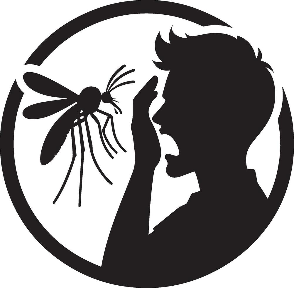 Silhouette of man who crying to mosquito on white background. Symbol of annoying insect vector