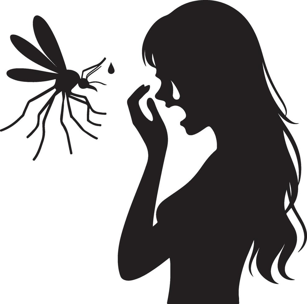 Silhouette of woman who cry at mosquito on white background. Symbol of fear of insect vector