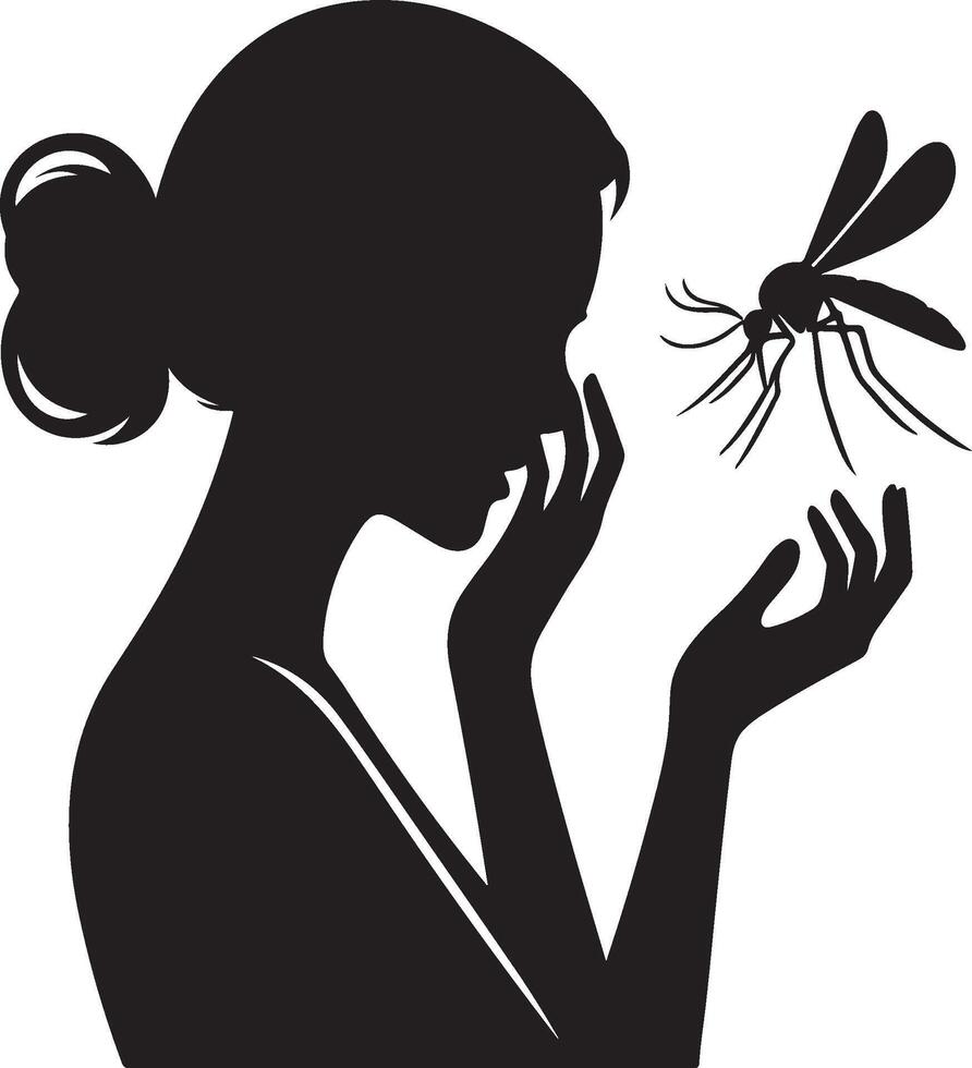 Silhouette of woman who cry at mosquito on white background. Symbol of fear of insect vector