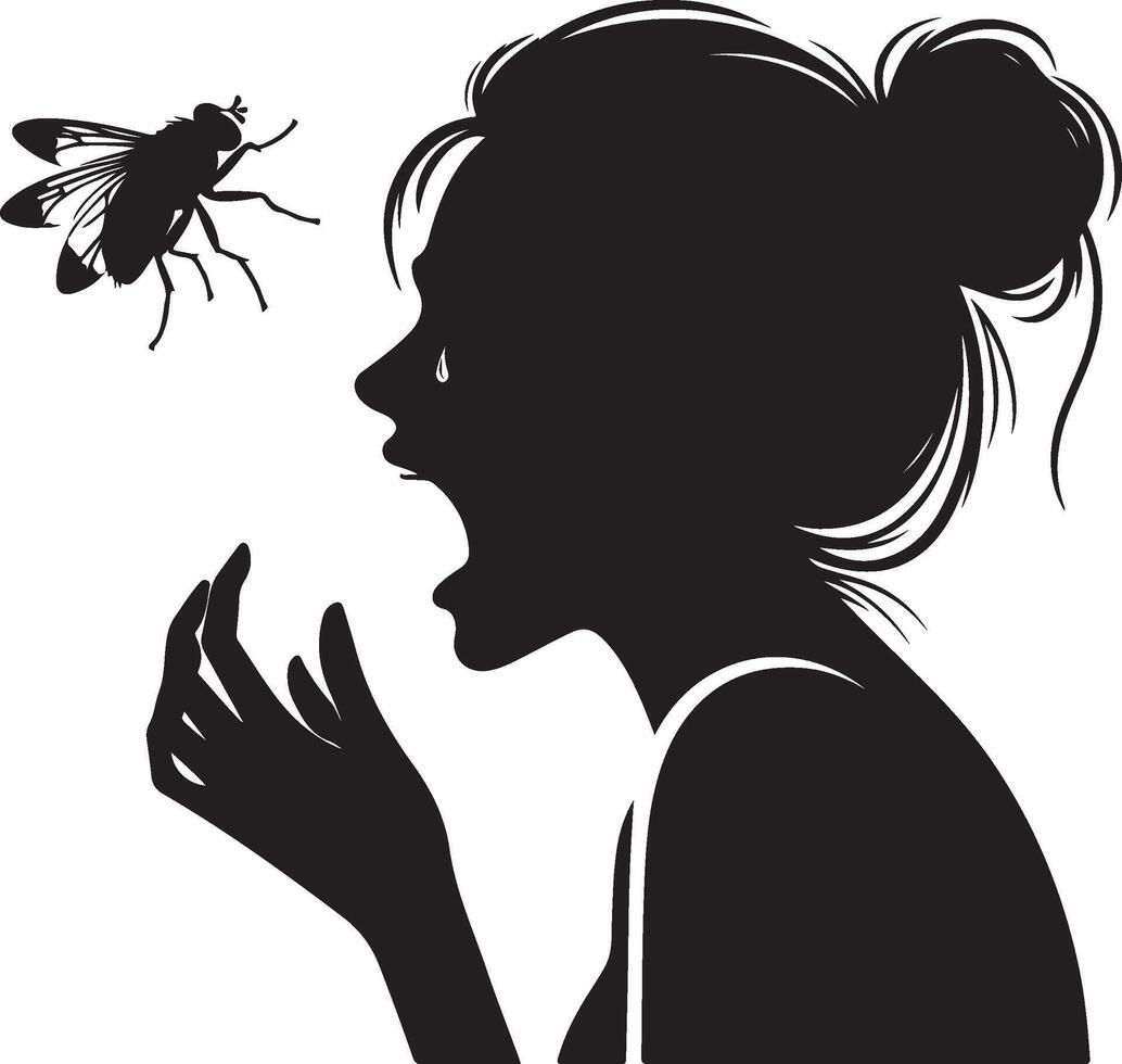 Silhouette of woman who cry at fly on white background. Symbol of fear of insect vector