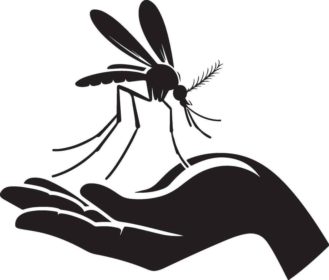 Silhouette of mosquito sitting on human hand on white background. Symbol of insect who annoying people. Danger of malaria and dengue disease vector