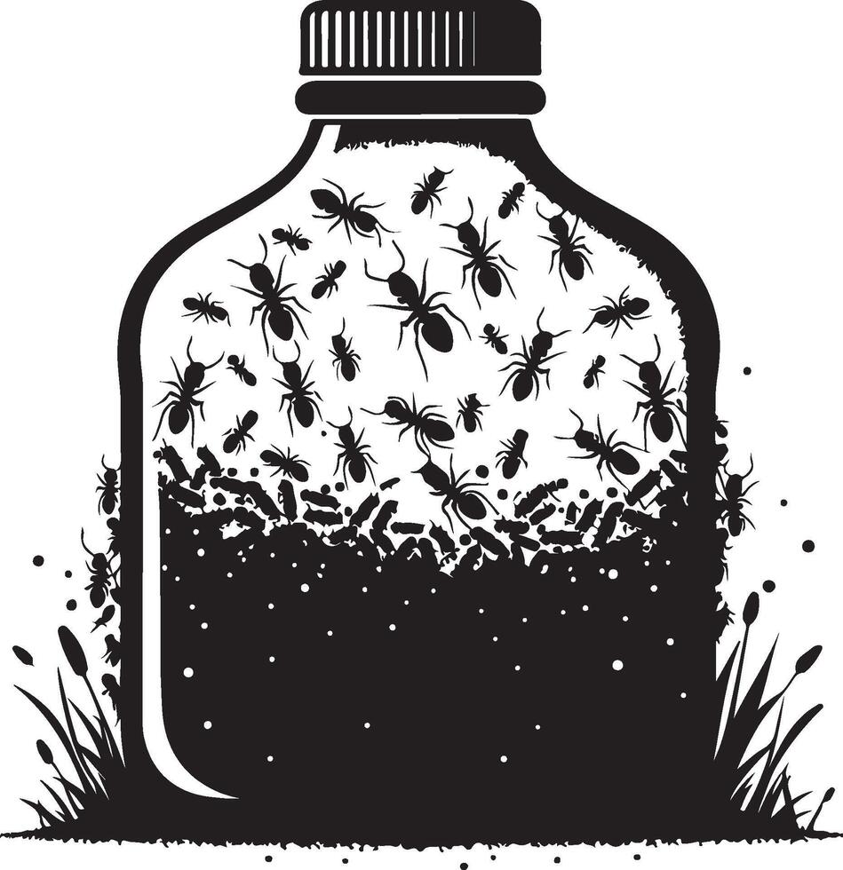 Silhouette of bottle with ants on white background. Symbol of insect eating food vector
