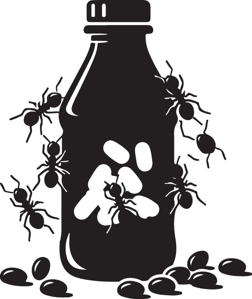 Silhouette of bottle with ants on white background. Symbol of insect eating food vector