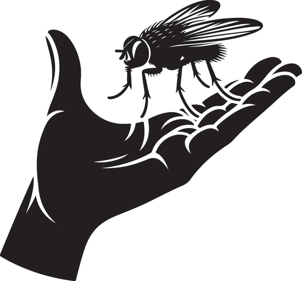 Silhouette of fly sitting on human hand on white background. Symbol of insect who annoying people vector