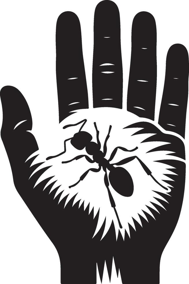 Silhouette of ant sitting on human hand on white background. Symbol of insect who annoying people vector