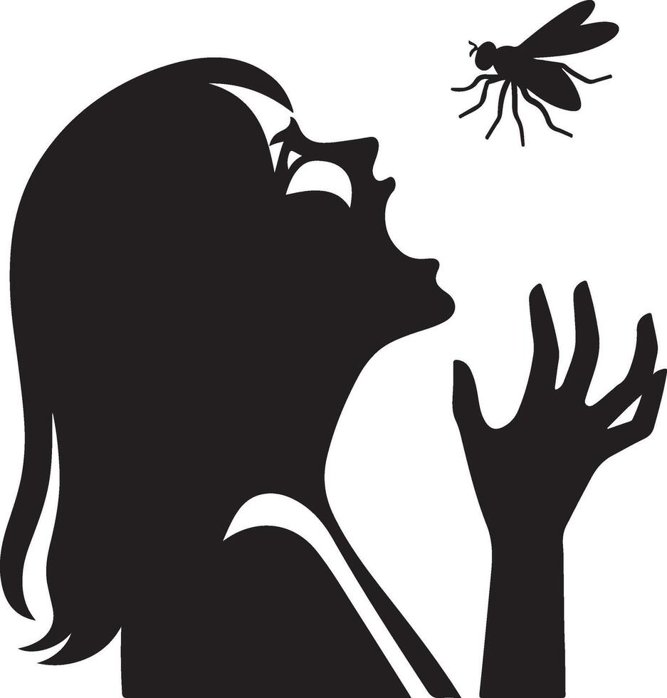Silhouette of woman who cry at fly on white background. Symbol of fear of insect vector