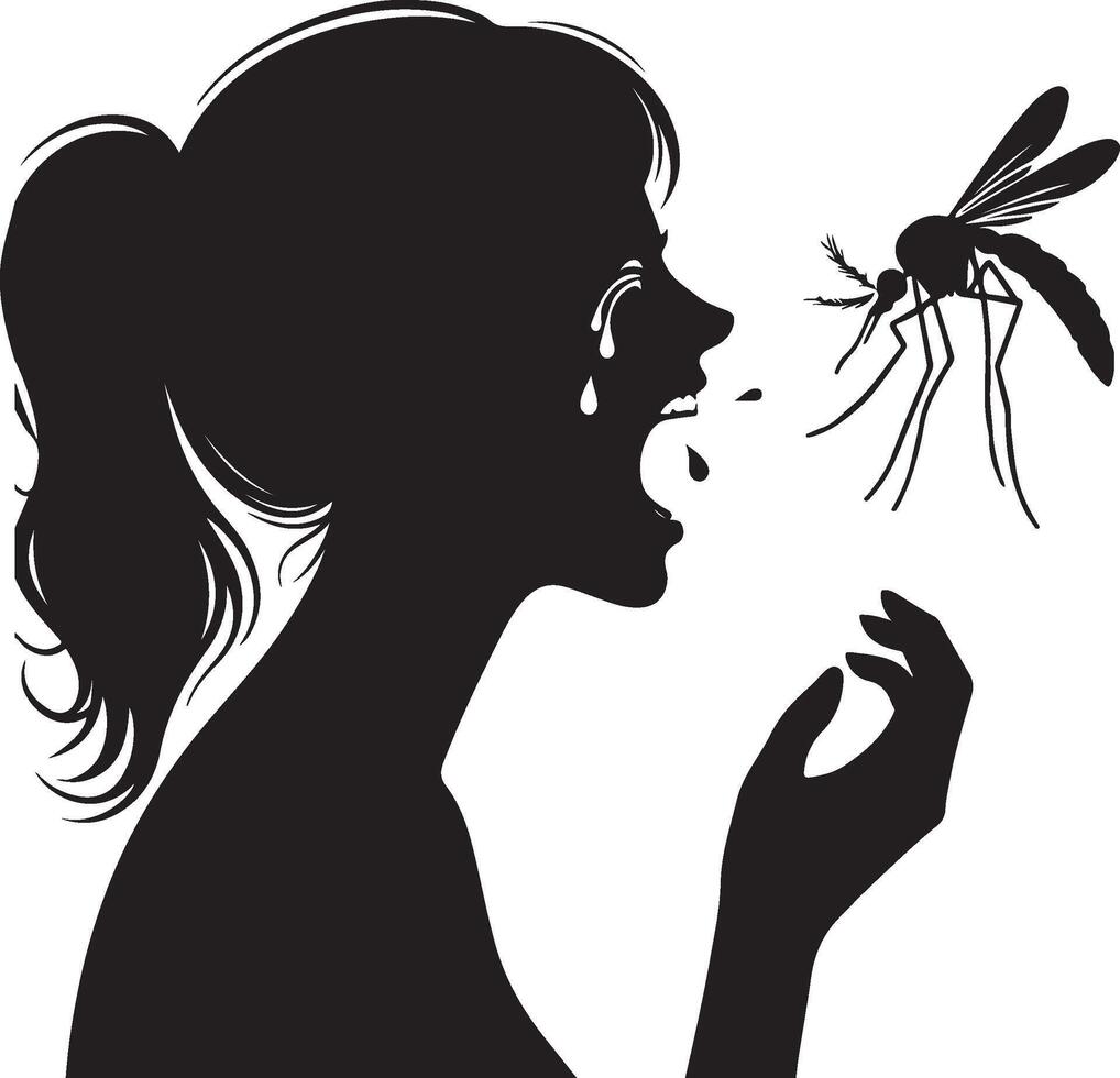Silhouette of woman who cry at mosquito on white background. Symbol of fear of insect vector