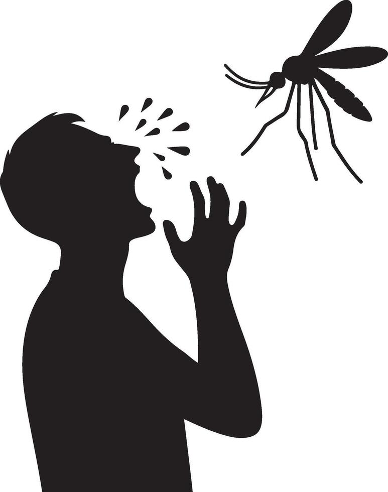Silhouette of man who crying to mosquito on white background. Symbol of annoying insect vector