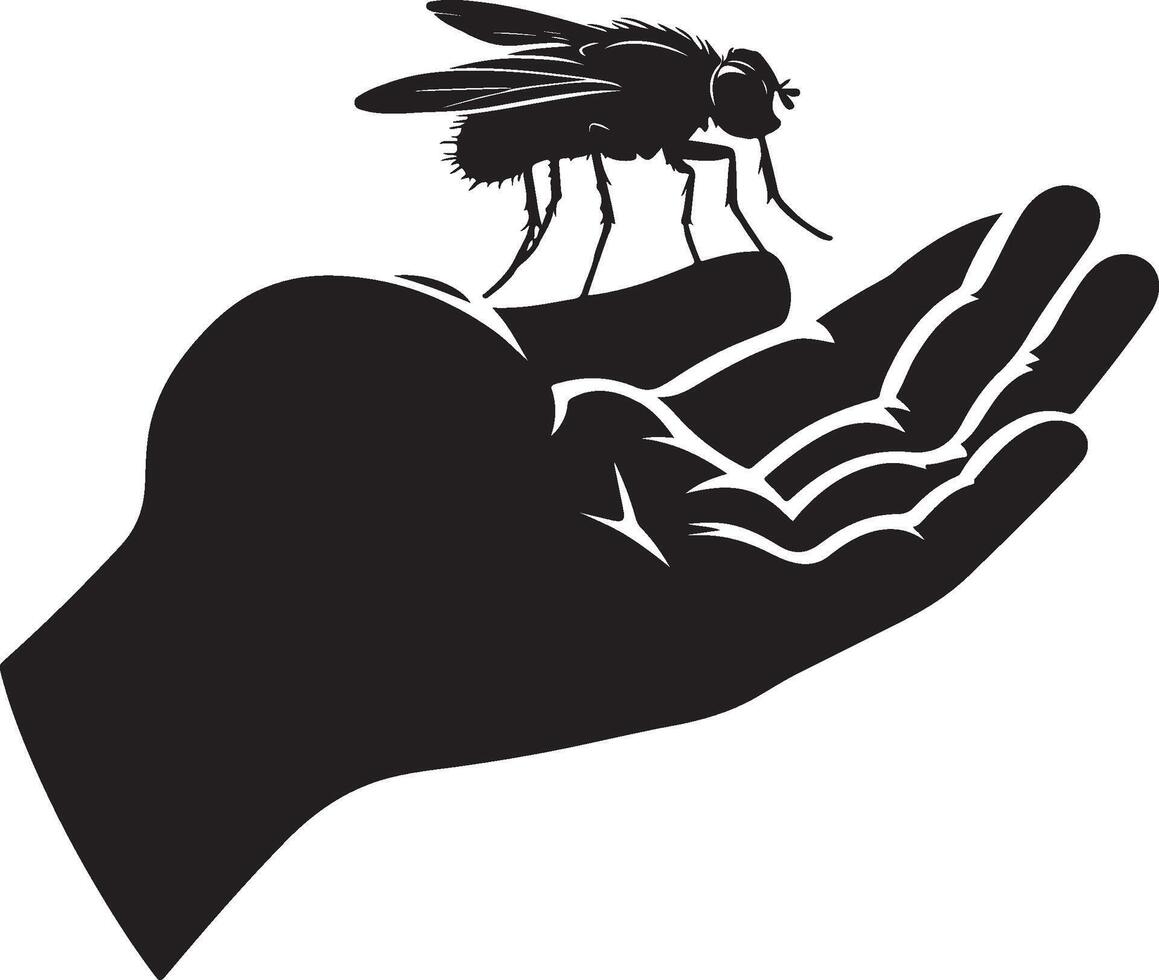 Silhouette of fly sitting on human hand on white background. Symbol of insect who annoying people vector