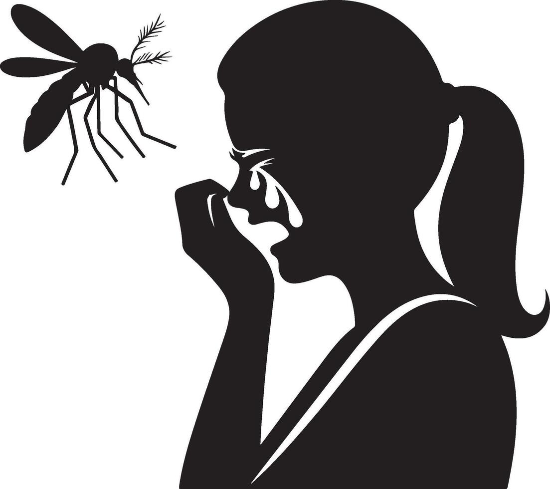 Silhouette of woman who cry at mosquito on white background. Symbol of fear of insect vector