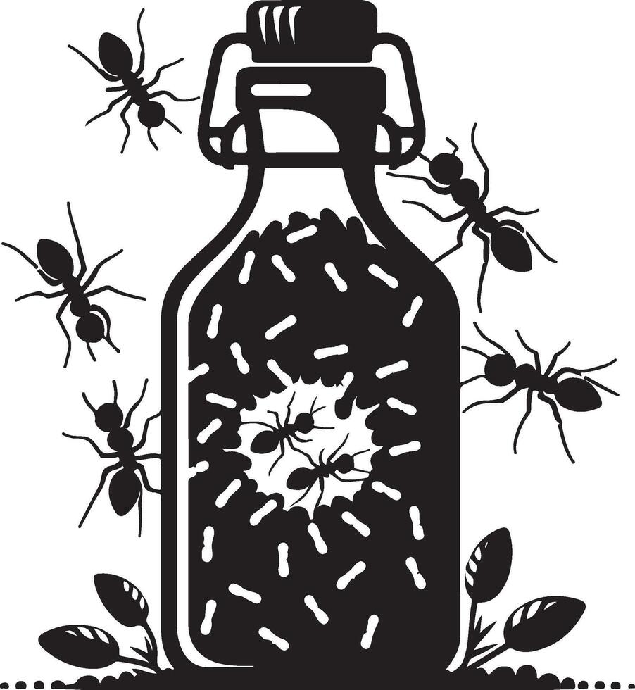 Silhouette of bottle with ants on white background. Symbol of insect eating food vector