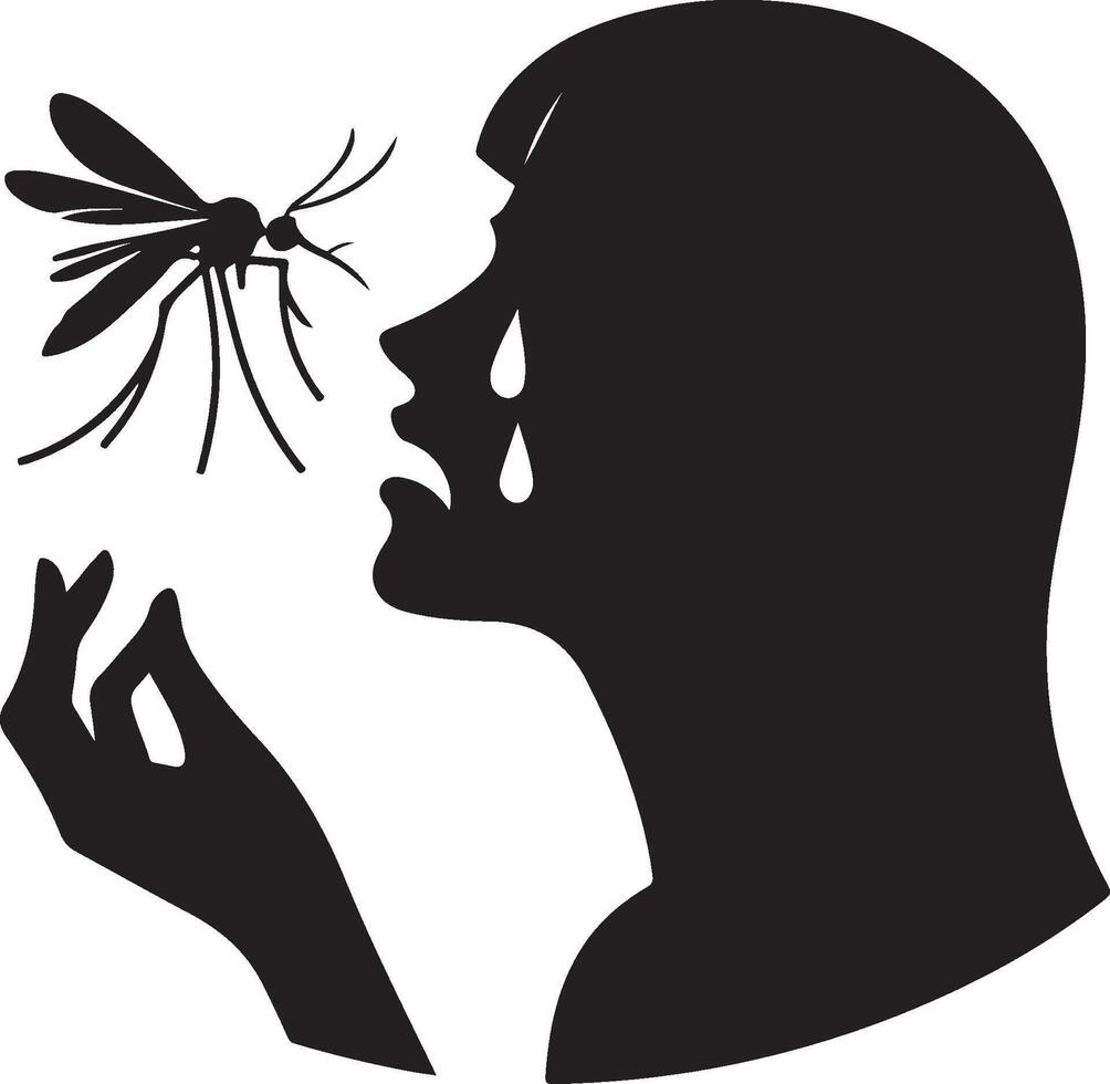 Silhouette of woman who cry at mosquito on white background. Symbol of fear of insect vector