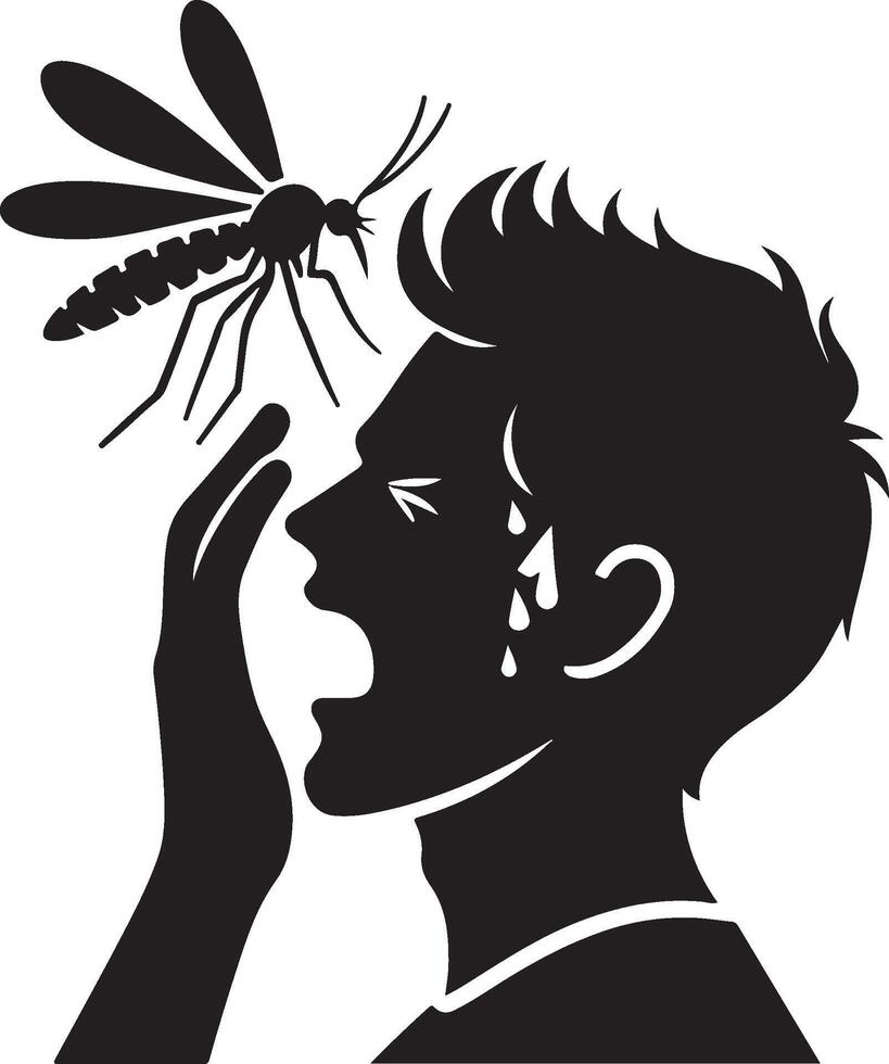 Silhouette of man who crying to mosquito on white background. Symbol of annoying insect vector