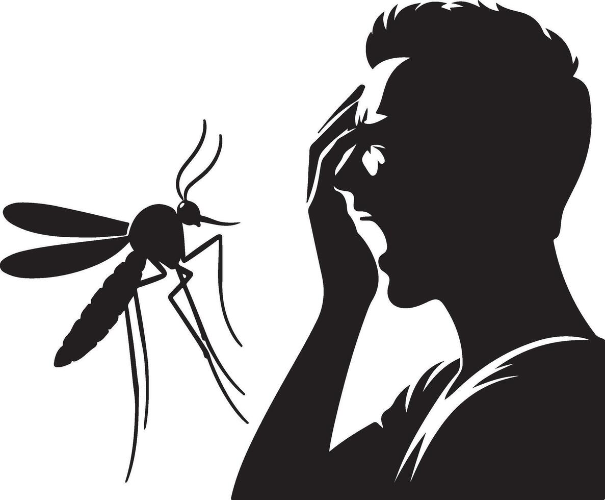 Silhouette of man who crying to mosquito on white background. Symbol of annoying insect vector