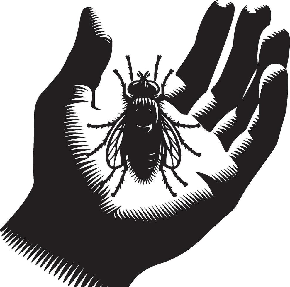Silhouette of fly sitting on human hand on white background. Symbol of insect who annoying people vector