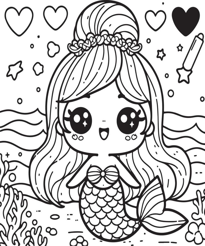 Mermaid coloring page for kids vector