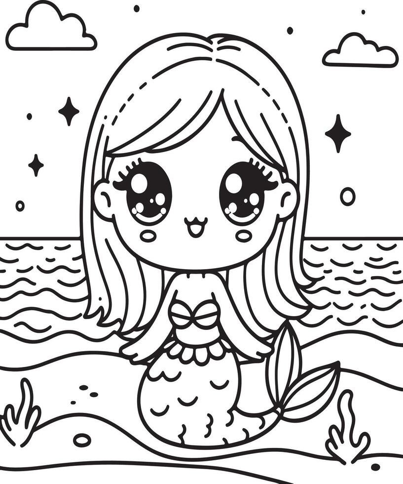 mermaid coloring page for kids vector