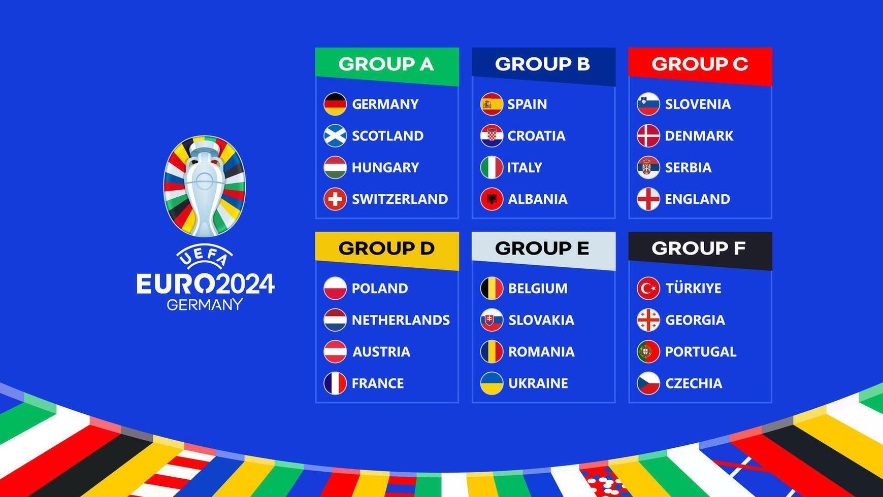 Table of teams and participating countries of EURO 2024 in Germany with the championship logo on a blue background vector