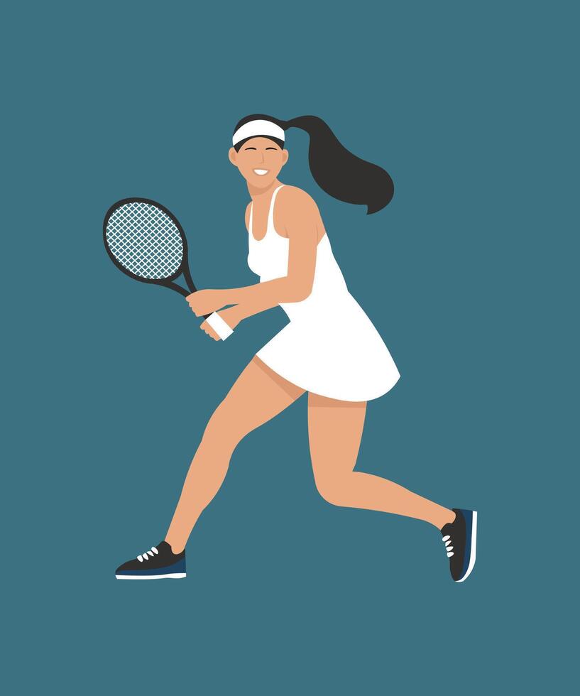 A woman hitting a tennis ball with a racket, character designs, stylized flat colors vector