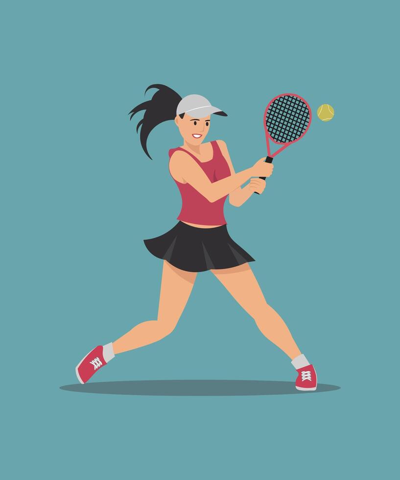 A woman hitting a tennis ball with a racket, character designs, stylized flat colors vector