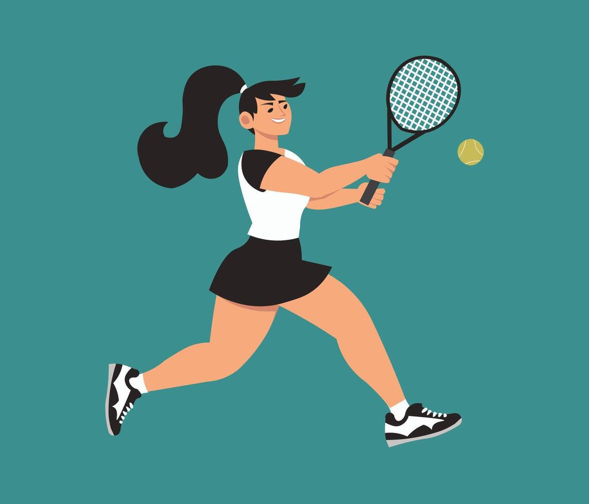 A woman hitting a tennis ball with a racket, character designs, stylized flat colors vector