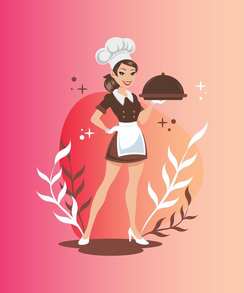 Flat design illustration of a restaurant female chef in uniform standing front view ready to serve a meal vector