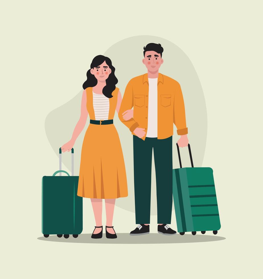 Illustration of two people with suitcases man and a woman couple tourist travelers, flat design vector