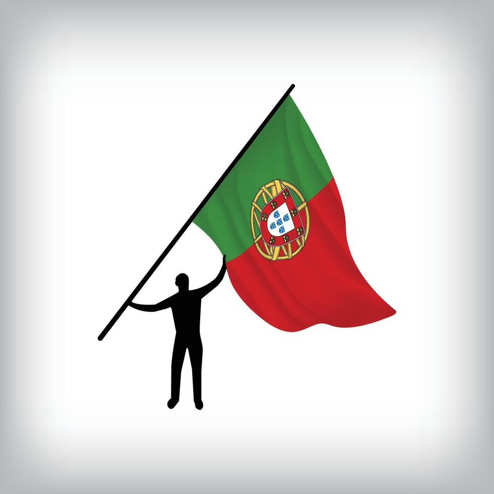 A man holds the flag of PORTUGAL in the air. National day realistic flag illustration. vector