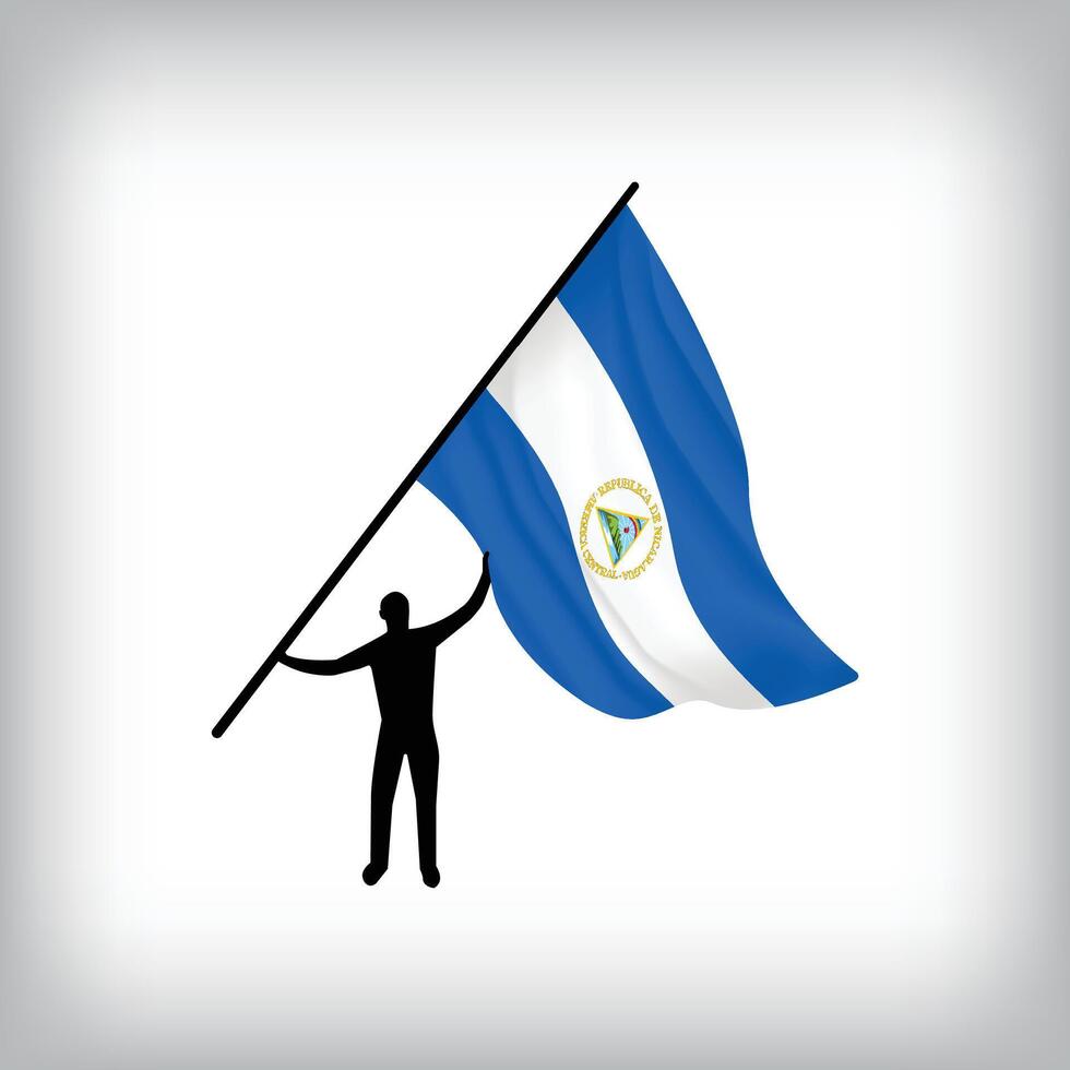 A man holds the flag of NICARAGUA in the air. National day realistic flag illustration. vector