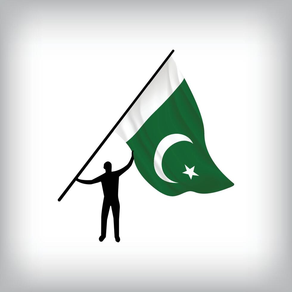 A man holds the flag of PAKISTAN in the air. National day realistic flag illustration. vector