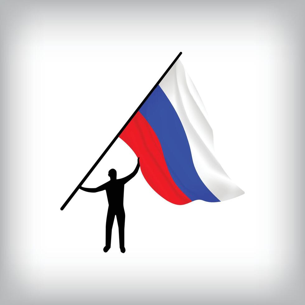 A man holds the flag of RUSSIA in the air. National day realistic flag illustration. vector