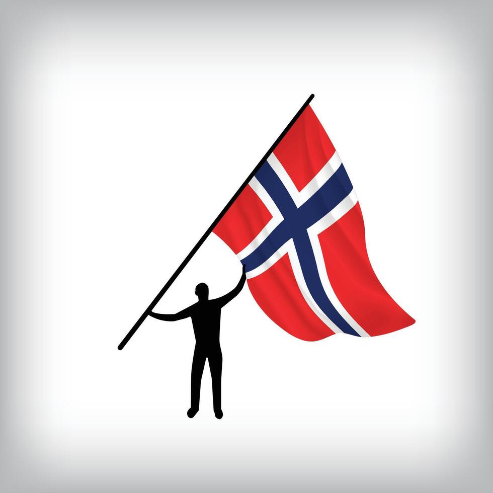 A man holds the flag of NORWAY in the air. National day realistic flag illustration. vector