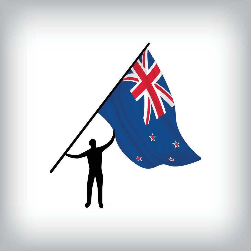 A man holds the flag of NEW ZEALAND in the air. National day realistic flag illustration. vector