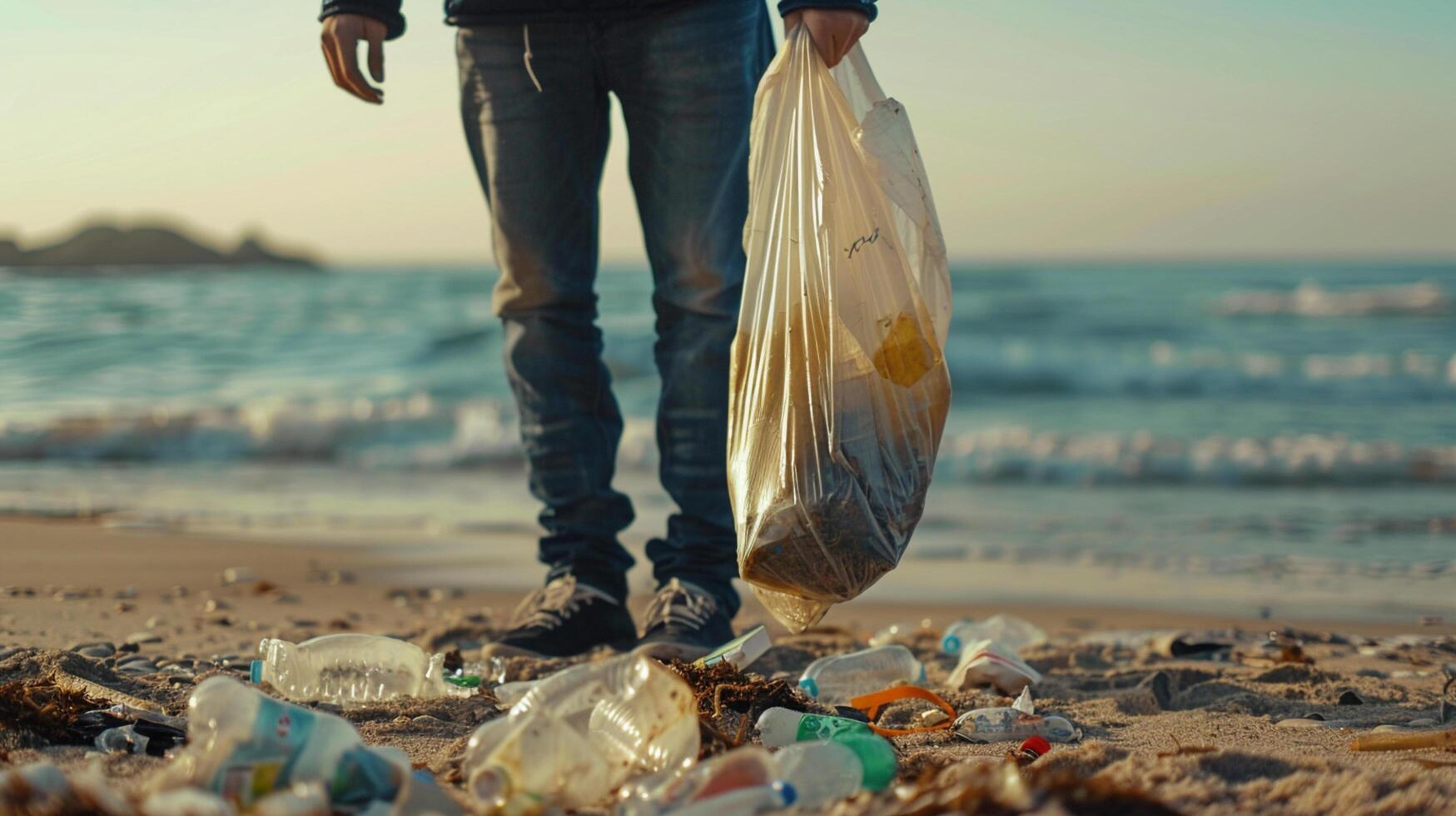 A man on the beach holds a plastic bag with garbage in his hands close-up photo