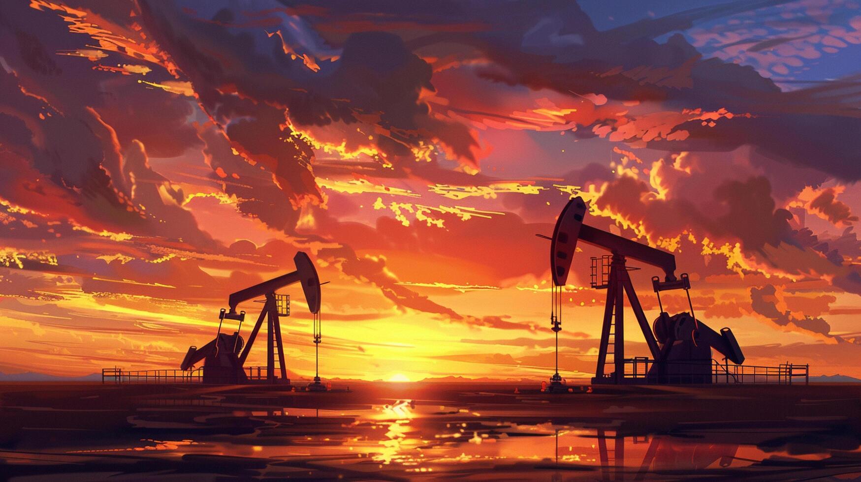 two working oil pumps on a sunset photo