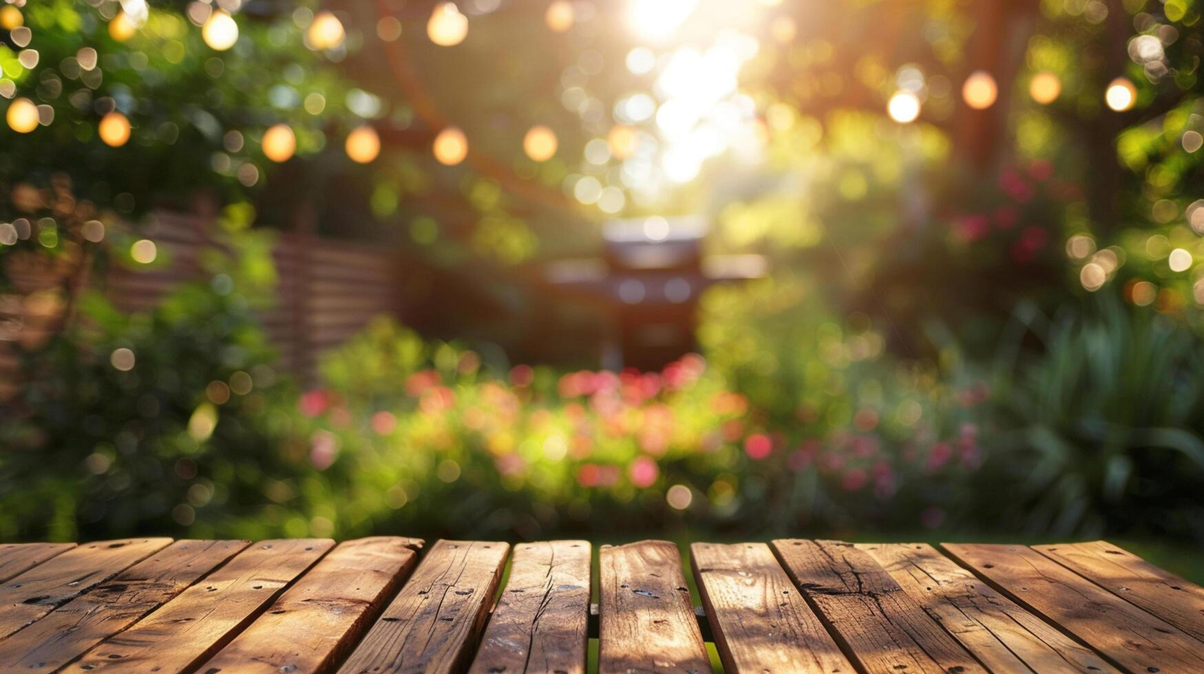 a wood table space with home backyard, blurred background for advertising template photo