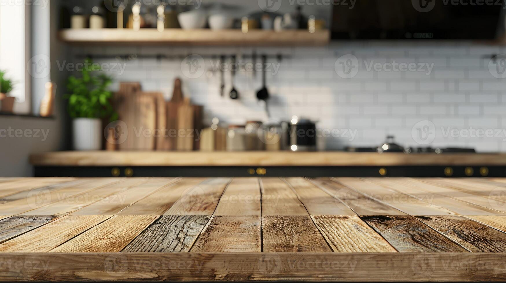 Wooden tabletop against blurred kitchen background for product mockups and display montages. photo