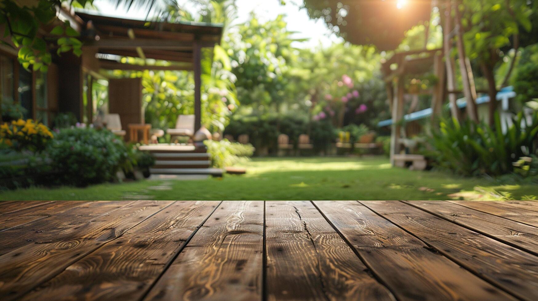 a wood table space with home backyard, blurred background for advertising template photo