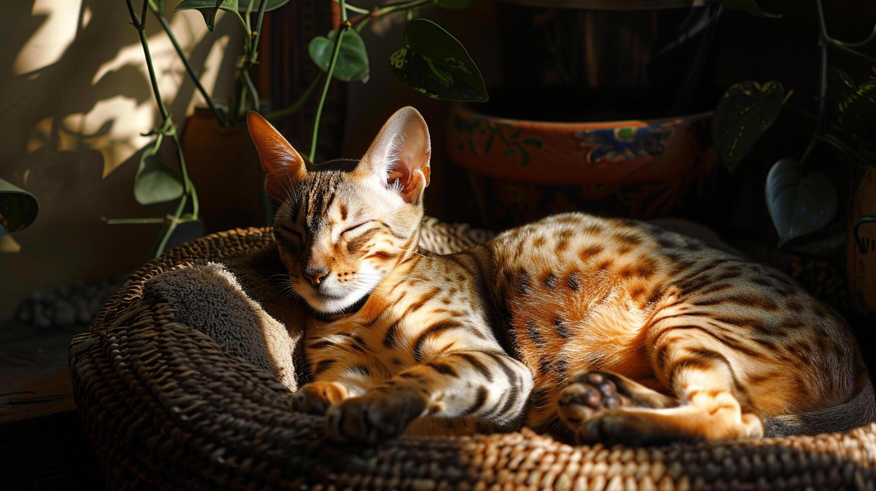 a lazy Ocicat lounging in the sunbeam photo
