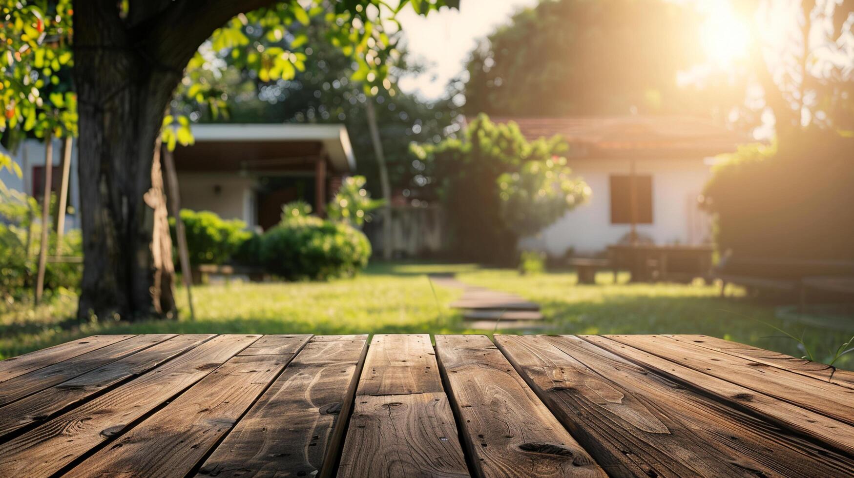 a wood table space with home backyard, blurred background for advertising template photo