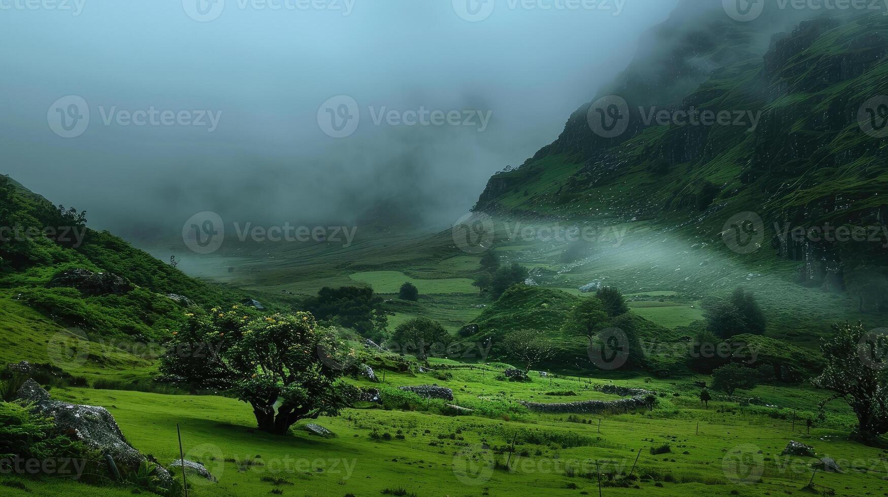 Lush green Irish landscape shrouded in mystical mist photo