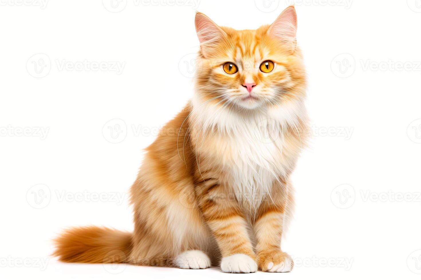 Cat sitting in front of a white background photo