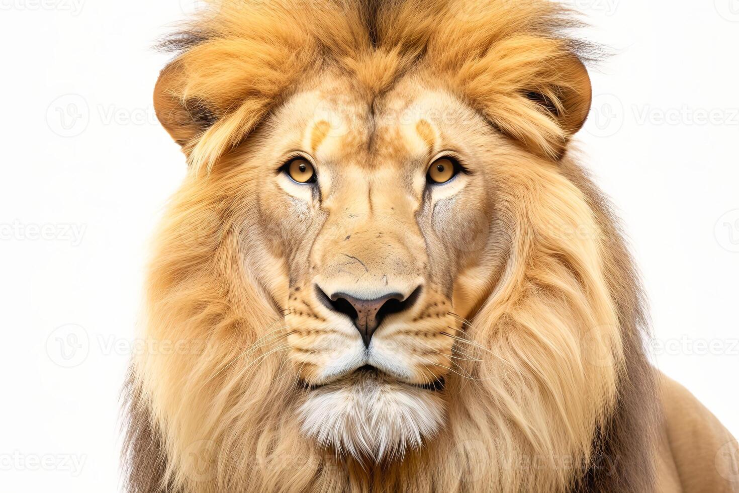 Close Up of a Lions Face on White Background photo