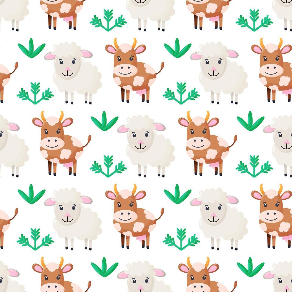 Cute farm animals grass and flowers isolated background. Childrens seamless pattern. simple cow, sheep. Illustration of funny characters. vector