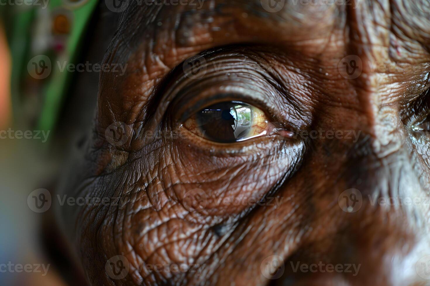 Skin wrinkles around the eye of African elder woman, Closeup view photo