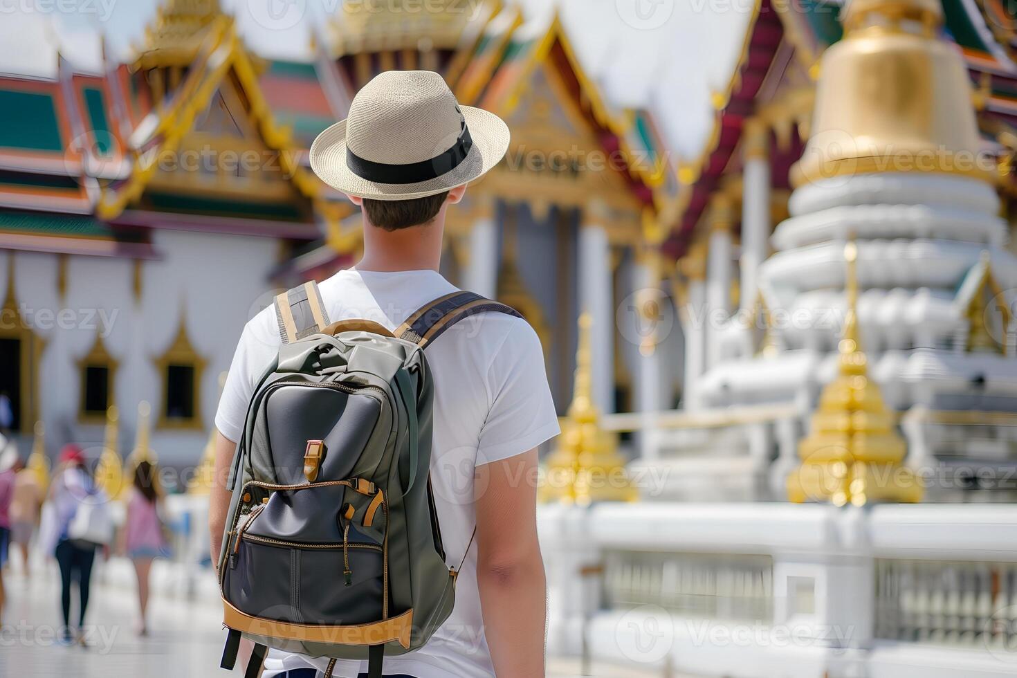 Back view of a traveler man with backpack at Thailand pagoda photo