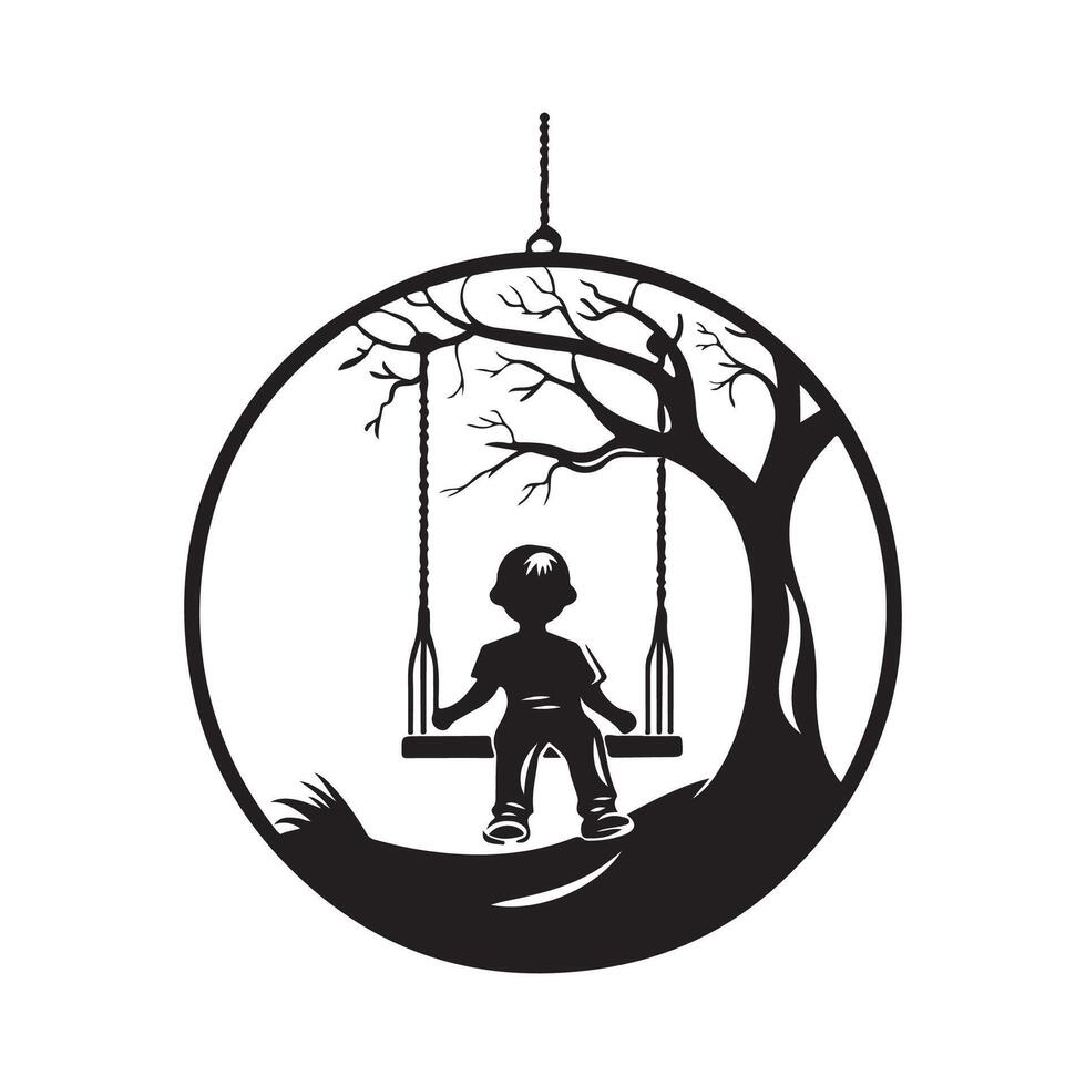 Child silhouette cute on swing illustration Stock image on white background vector