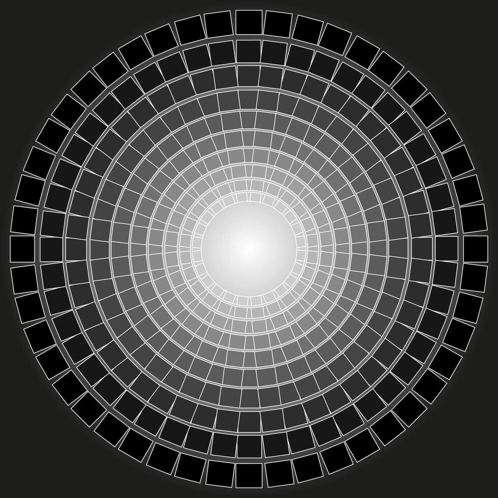 Abstract round monochrome pattern in the form of stripes and squares arranged in a circle on a gray background vector
